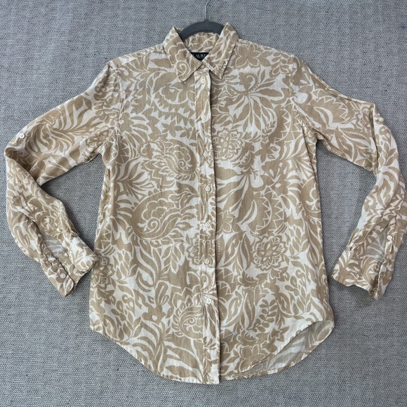 Lauren Ralph Lauren Tops - Ralph Lauren Khaki Floral Linen Shirt Button Women XS Rolled Up Long Sleeves